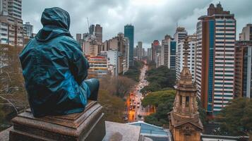 ai gerado contemplativo pessoa negligenciar ocupado paisagem urbana em a nublado dia foto