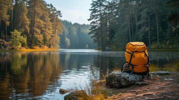 ai gerado mochila em repouso em Rocha de lago foto