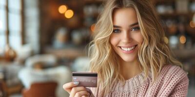 ai gerado feliz jovem mulher segurando crédito cartão dentro acolhedor cafeteria configuração foto