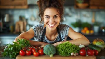 ai gerado feliz mulher com fresco orgânico legumes dentro uma moderno cozinha foto