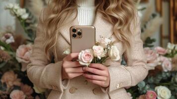 ai gerado elegante mulher segurando Smartphone entre florescendo flores foto