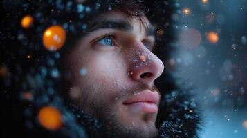 ai gerado jovem homem olhando Fora em uma Nevado tarde foto