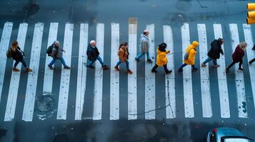 ai gerado diverso grupo do pessoas cruzando molhado cidade rua a partir de acima foto