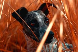 ai gerado Preto e branco cachorro se escondendo dentro alta Relva foto