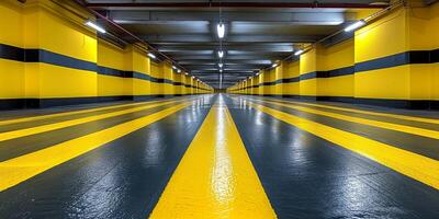 ai gerado moderno subterrâneo estacionamento muitos com vibrante amarelo linhas foto