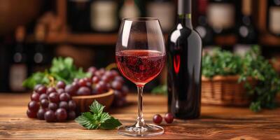 ai gerado vermelho vinho vidro Próximo para uma vinho garrafa em uma de madeira mesa foto