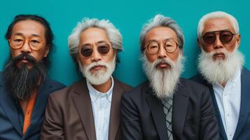 ai gerado quatro à moda Senior homens com único barbas posando contra uma azul fundo foto