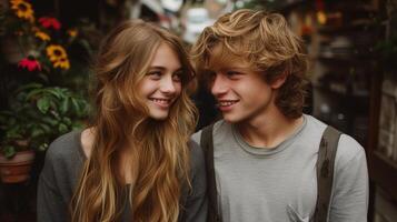 ai gerado sorridente jovem casal desfrutando uma momento juntos em uma cidade rua foto