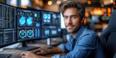 ai gerado homem sentado dentro frente do computador monitor às trabalhos escrivaninha foto