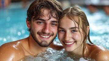 ai gerado homem e mulher dentro natação piscina foto