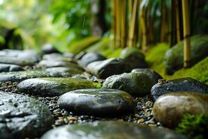 ai gerado zen jardim tranqüilidade. molhado pedras e bambu dentro □ Gentil chuva. fechar acima foto