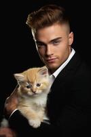 ai gerado bonito homem dentro uma Preto Jaqueta e branco camisa abraçando adorável fofo gatinho - comovente animal companhia foto