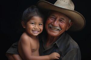 ai gerado intergeracional ligação. vibrante vida experiências através significativo conversas. retrato do pequeno sorrir Garoto e velho homem foto