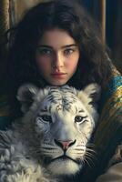 ai gerado graça e força. uma cativante vinculo entre jovem mulher e majestoso Bengala branco tigre foto