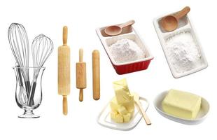 utensílios de cozinha e ingredientes para padaria em fundo branco foto