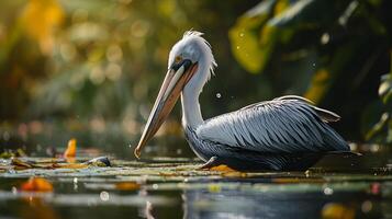 ai gerado pelicano pássaros Caçando uma peixe às uma lagoa é uma fascinante e dinâmico cena foto