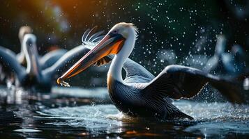 ai gerado pelicano pássaros Caçando uma peixe às uma lagoa é uma fascinante e dinâmico cena foto