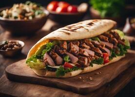 ai gerado doador Kebab - grelhado carne e legumes dentro Pão Pita pão foto