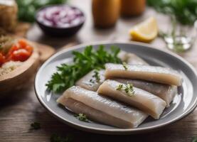 ai gerado recentemente preparado cru arenque filetes em uma prato com ervas foto