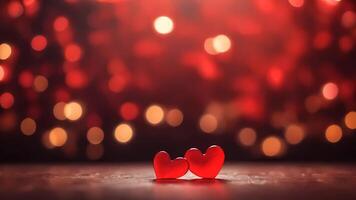 ai gerado dois vermelho corações em abstrato bokeh luz embaçado fundo. amor conceito, dia dos namorados dia cartão foto