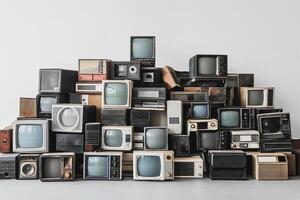 ai gerado vintage televisão pilhas mostruário meios de comunicação evolução foto