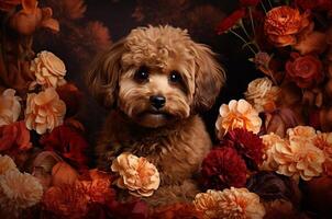 ai gerado Castanho multipoo posando dentro flores cumprimento cartão foto