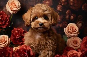 ai gerado lindo Castanho multipoo cachorro posando às uma foto tiro com flores cartão postal para marcha 8