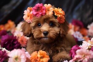 ai gerado Castanho multipoo com uma guirlanda do flores poses. mãe dia cartão. foto