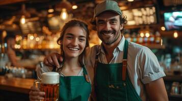 ai gerado alegre baristas a comemorar dentro ambiente bar foto