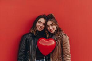 ai gerado fofa lésbica casal com coração ballon dia dos namorados dia foto