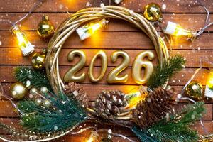 feliz Novo ano dourado números 2026 em acolhedor festivo Castanho de madeira fundo com lantejoulas, neve, luzes do guirlandas. saudações, cartão postal. calendário, cobrir foto