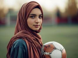 ai gerado uma muçulmano jovem mulher dentro uma hijab com uma futebol. retrato do a islâmico mulher fazendo Esportes dentro fechar-se. fotorrealista fundo com bokeh efeito. ai gerado. foto