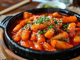 ai gerado tteokbokki em a prato em de madeira mesa. oriental cozinha. coreano prato dentro fechar-se. fotorrealista. ai gerado. foto