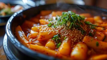 ai gerado tteokbokki em a prato em de madeira mesa. oriental cozinha. coreano prato dentro fechar-se. fotorrealista. ai gerado. foto