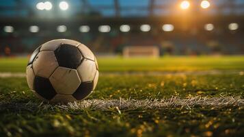 ai gerado cheio noite futebol arena dentro luzes, futebol bola dentro a estádio, fechar-se. futebol corresponder, futebol campeonato, Esportes. fotorrealista, fundo com bokeh efeito. ai gerado. foto