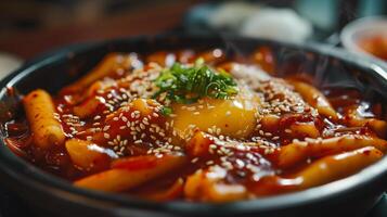 ai gerado tteokbokki em a prato em de madeira mesa. oriental cozinha. coreano prato dentro fechar-se. fotorrealista. ai gerado. foto