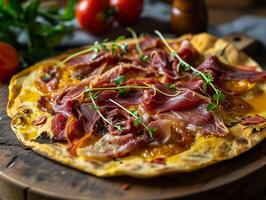 ai gerado italiano seco carne mortadela, italiano pizza com mortadela, ervas e tomates em de madeira placa. Comida ilustração. fotorrealista, fundo com bokeh efeito. ai gerado. foto