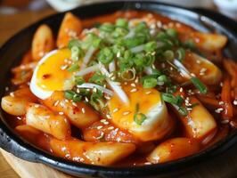 ai gerado tteokbokki em a prato em de madeira mesa. oriental cozinha. coreano prato dentro fechar-se. fotorrealista. ai gerado. foto