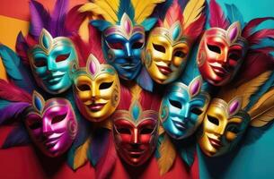 ai gerado brilhante multicolorido carnaval máscaras com penas. foto