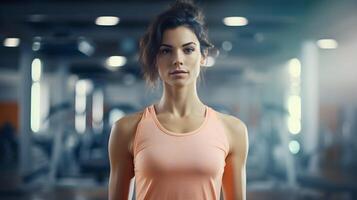 ai gerado retrato do uma em forma desportivo mulher dentro uma ginástica sala. foto