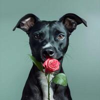 ai gerado retrato do uma Preto cachorro com uma vermelho rosa dentro dele boca. foto