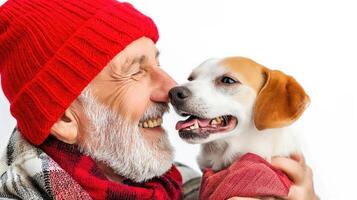 ai gerado retrato do a idosos homem dentro uma vermelho chapéu, ele sorrisos e abraços uma cachorro. objetos em uma branco fundo. horizontal formatar. foto