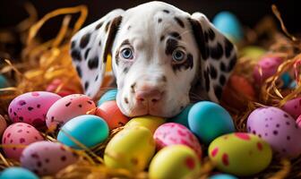 uma cachorro em pé no meio colorida Páscoa ovos. gerado de artificial inteligência. foto