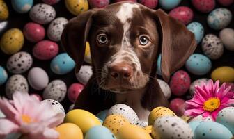 ai gerado uma cachorro em pé no meio colorida Páscoa ovos cercado de colorida flores gerado de artificial inteligência. foto