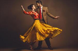 ai gerado jovem casal do salão de baile dança dançando em cinzento estúdio fundo foto