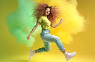 ai gerado menina dança dentro colorida tênis em amarelo e luz verde fundo foto