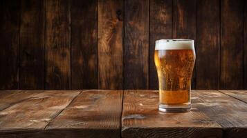 ai gerado vidro do Cerveja em de madeira fundo. Cerveja vidro em de madeira mesa. foto