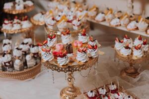 amêndoa biscoitos e vários doce bolos para uma Casamento banquete. uma delicioso recepção, uma luxuoso cerimônia. mesa com doces e sobremesas. delicioso colorida francês sobremesas em uma prato ou mesa. foto