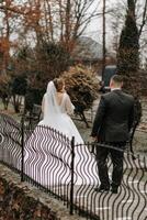 a noiva e noivo estão caminhando perto a hotel e posando, feliz e desfrutando a dia, segurando mãos. uma grandes trem em a vestir. inverno Casamento foto