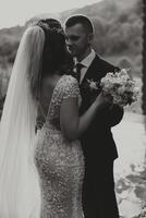 Casamento casal. noivo e noiva Apoio, suporte em Casamento dia. jovem Casamento casal desfrutando romântico momentos ao ar livre em uma verão Prado. Preto e branco foto. foto